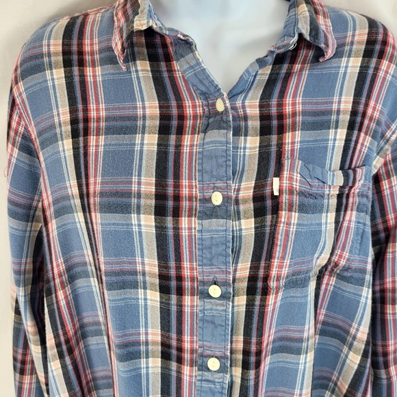 Levis Womens Flannel Shirt XL Boyfriend Fit Blue Plaid Button Up Barrel Cuff - Picture 3 of 10